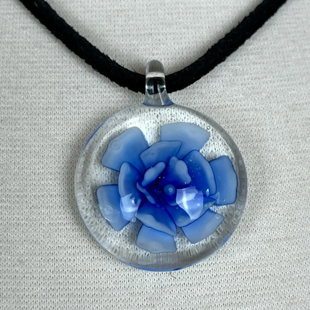 Blue Flower Glass Pendant Necklace
